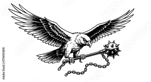 Black and White Illustration of an Eagle Holding a Spiked Mace for Power Emblem