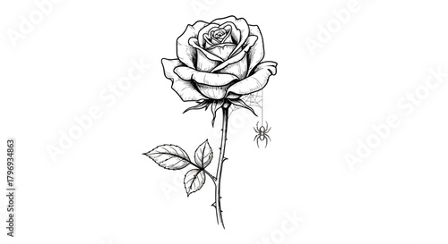 Intricate rose artwork intertwined with delicate web and a tiny spider hanging