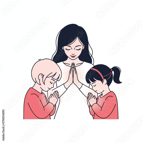 Mother and two children praying together with closed eyes and hands pressed in a gesture of devotion or meditation.