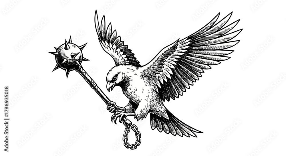 Fototapeta premium Soaring Eagle Clutching a Spiked Mace: A Symbol of Freedom and Strength etched