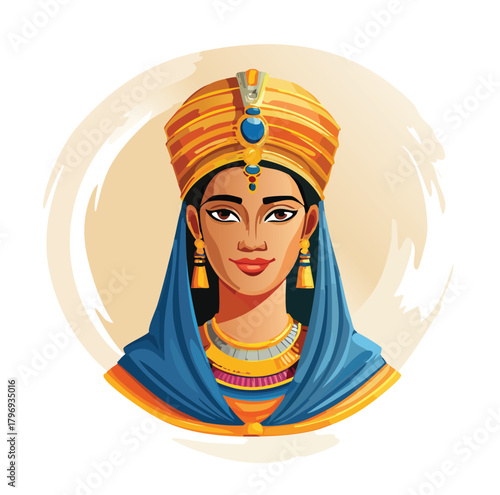 Stunning depiction of ancient Egyptian queen with regal headdress and jewelry, radiating power and elegance, perfect for historical projects and creative designs