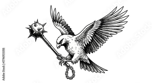 Soaring Eagle Clutching a Spiked Mace: A Symbol of Freedom and Strength etched