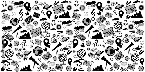 Geography symbols seamless pattern. Equipments for web banners background.  Education concept. Back to school background. Set of geography symbols. Cartoon illustration for school subject design. 