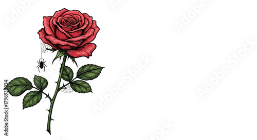 Intricate depiction of a crimson rose intertwined with delicate spider web and spider
