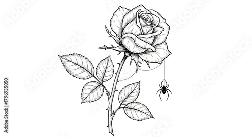 Artistic depiction of a rose with a delicate spider hanging near its petals beauty