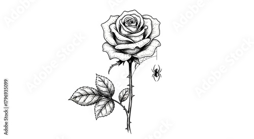 Intricate rose line art with delicate shading and a small spider drawing a story