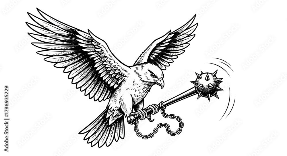 Fototapeta premium A Powerful avian Warrior Gripping a Spiked Mace Mid-Flight in Detailed Black and White Illustration