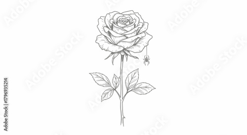 Detailed Line Art Illustration of a Rose with a Small Spider Hanging from a Petal