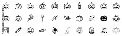 Halloween black & white line-art icons pack, pumpkins, jack-o’-lanterns, candy, spooky hands, gravestones, witches’ hats, spiders, skulls, magic wands