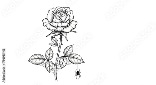 Elegant rose with intricate details accompanied by a small spider on its leaves delicate