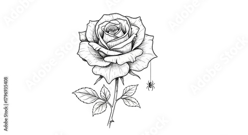 Detailed rose and spider line art tattoo design illustration for gothic or halloween aesthetic