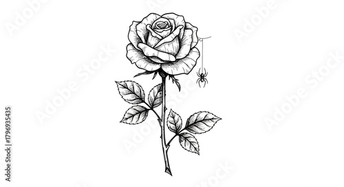 Detailed ink drawing of a rose with intricate line work and a spider hanging nearby