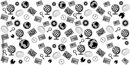 Geography symbols seamless pattern. Equipments for web banners background.  Education concept. Back to school background. Set of geography symbols. Cartoon illustration for school subject design. 