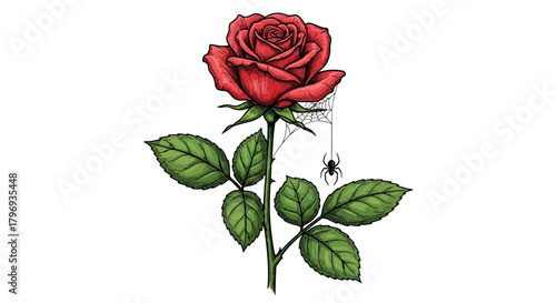 Elegant crimson rose with an unexpected arachnid guest creating a unique botanical juxtaposition