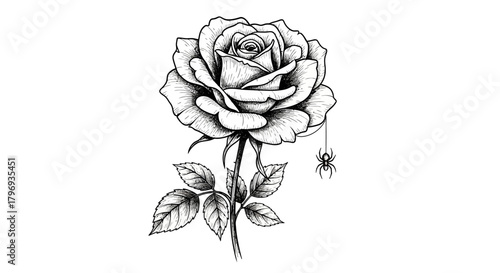 Detailed ink drawing featuring a rose in full bloom with a spider hanging by a thread
