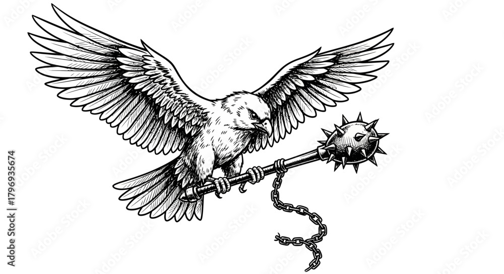 Fototapeta premium Sketchy illustration of a bird of prey holding a medieval spiked mace weapon in its talons
