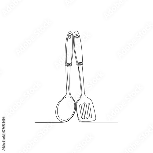 Spoon and spatula in continuous line art on white background
