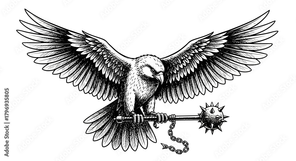 Fototapeta premium Majestic eagle gripping spiked mace with powerful wings spread, evoking strength and power a