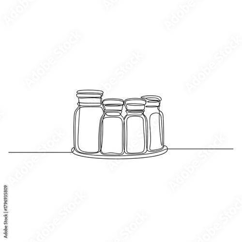 Set of spice jars in continuous line art style on white background