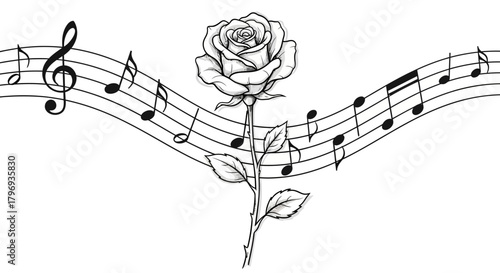 Harmony of nature and sound: A symphony of a rose with musical notes flowing around