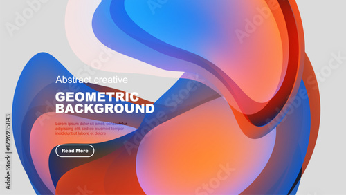 Abstract fluid shapes overlap, creating vibrant geometric background. Text details present design elements, inviting exploration.