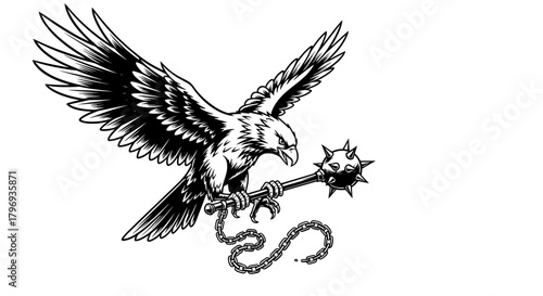 Eagle clutches a spiked mace with attached chain, symbolizing power and authority