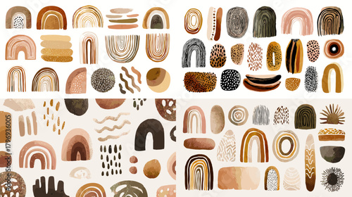 Abstract boho rainbows and organic shapes in earthy neutrals. Modern geometric clipart for posters, branding, wallpapers, and seamless pattern design.