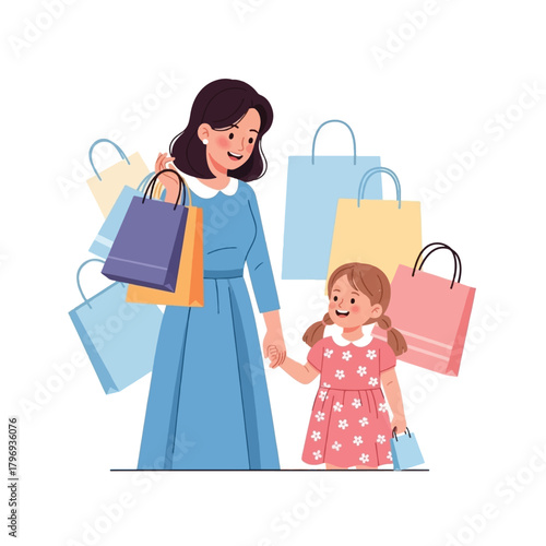 A mother and her daughter happily shopping together with many colorful bags.