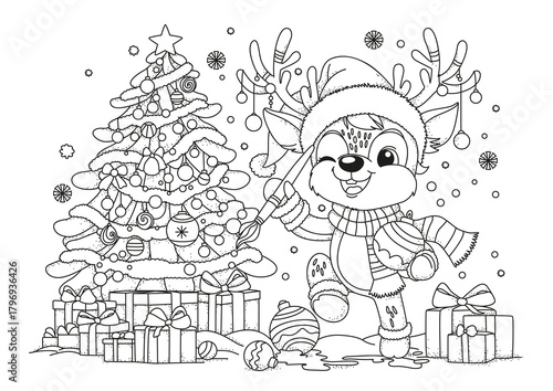 A Christmas reindeer wearing a Santa hat stands by the tree, painting a Christmas tree ornament with a brush. Coloring pages for children and adults. Black and white illustration for coloring.