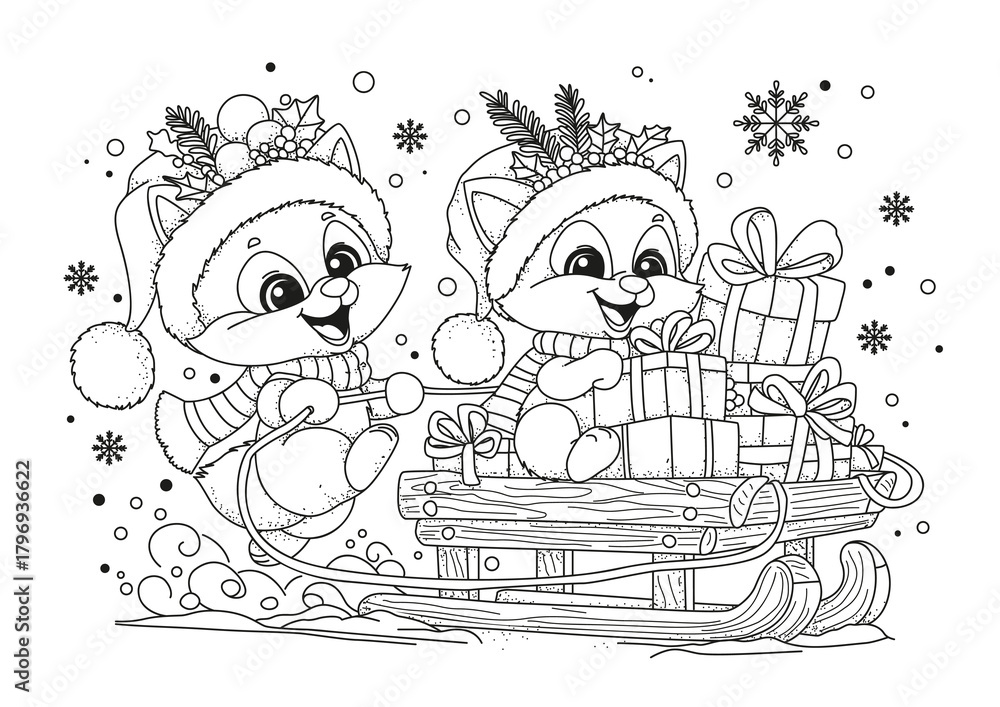Fototapeta premium Two cute foxes wearing Santa hats are carrying Christmas presents on a sleigh. This coloring page is for kids and adults. Black and white illustration for coloring.