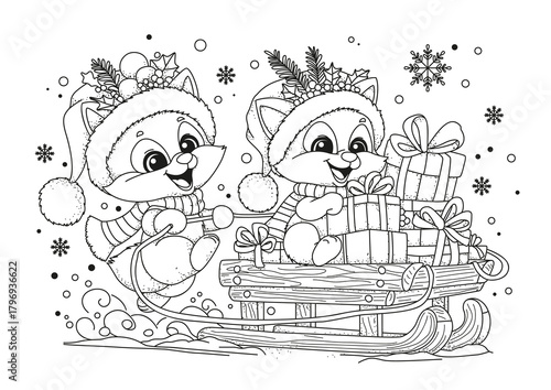 Two cute foxes wearing Santa hats are carrying Christmas presents on a sleigh. This coloring page is for kids and adults. Black and white illustration for coloring.