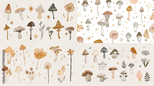 Watercolor mushrooms and forest accents in cozy neutrals with tiny stars. Playful fungi illustrations for cottagecore patterns, stickers, and woodland décor.
