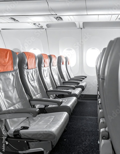 Interior perspective of an empty aircraft cabin, with a row of gray seats featuring orange headrests