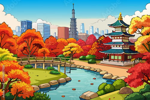 Rikugin Garden in Tokyo showing vibrant autumn colors, vivid fall foliage, tranquil Japanese landscape, peaceful natural scenery in Bunkyo during seasonal changes.