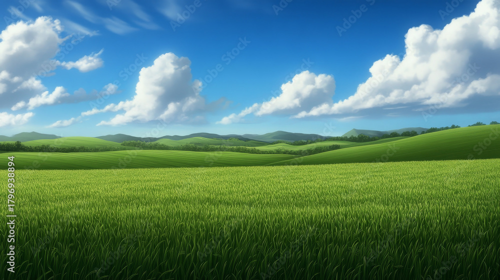 Fototapeta premium Lush green field under blue sky with fluffy clouds, peaceful landscape, nature scenery