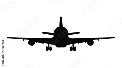 A silhouette of an airplane flying straight on a white background