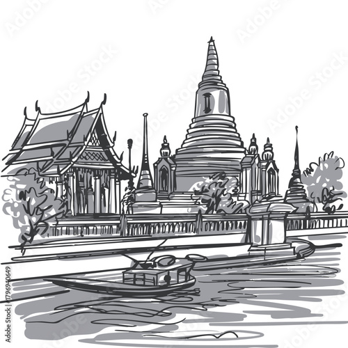Black and white vector sketch line drawing illustration of a Thai temple, Buddhism, in Bangkok, Thailand.