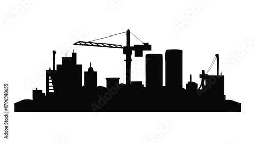 A silhouette of a city skyline with a crane construction site