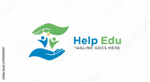 Charity and Education Logo Design with Helping Hands and Happy People Isolated Vector Graphic