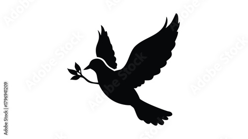 A silhouette of a dove with an olive branch in its beak flying
