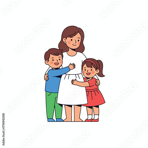 Happy mother embracing her son and daughter with love and affection, a heartwarming family moment.