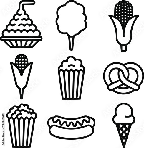 Festival Street Food Outline Icon Set  Funnel Cake, Cotton Candy, and Corn