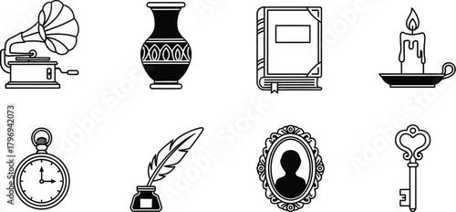 Icon set of antique decorative objects in thin line vector style