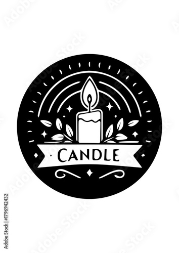Burning Candle Emblem with Leaves and Light Rays