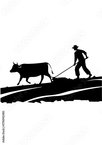 Farmer Plowing Field with Ox Silhouette