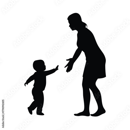 Silhouette of mother reaching for toddler on white background
