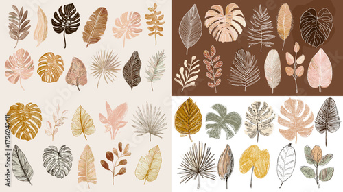 Stylized tropical leaves—monstera, palm, banana, philodendron—in neutral and warm palettes. Trendy botanical set for patterns, textiles, posters, and modern decor.