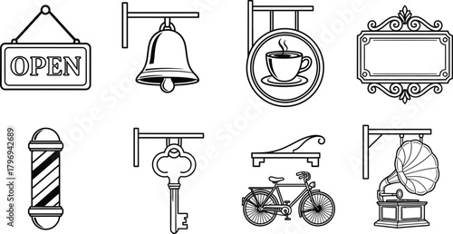 Vintage shop signs and symbol icons in minimal outline vector style