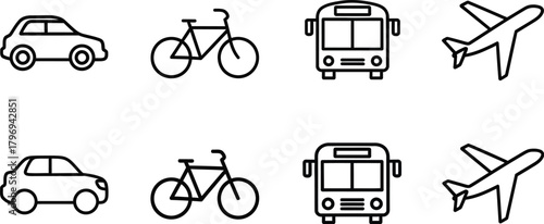 Transportation icon set representing various vehicles in thin line art