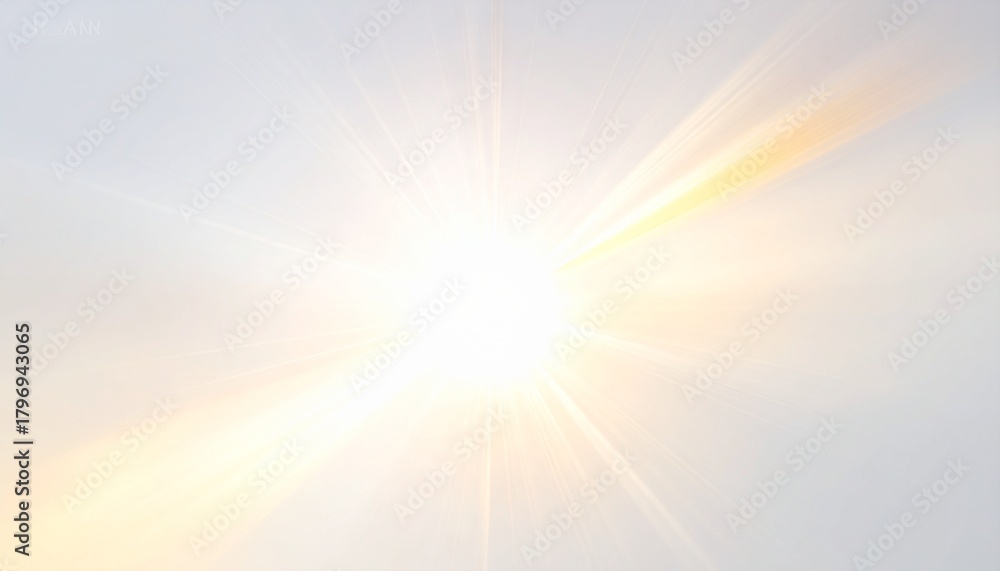 Obraz premium Bright Sunburst Light Effect on White Background with Lens Flare and Glowing Rays, Abstract Light Overlay for Design Element